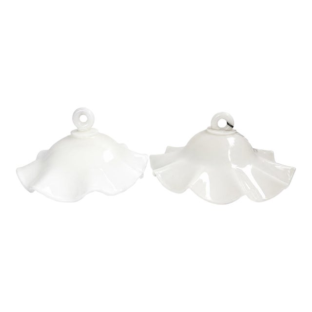 Antique Victorian White Milk Glass Ruffled Hanging Smoke Bells - a Pair For Sale