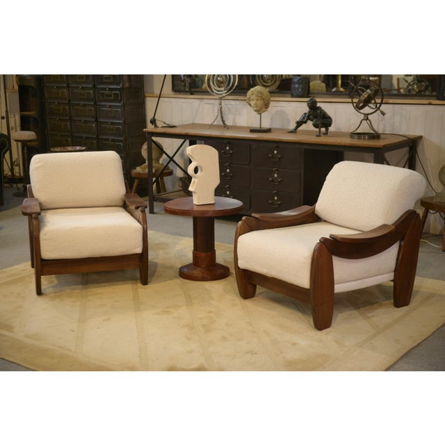 Brutalist Armchairs in Wood and Ecru Bouclé, 1970s, Set of 2 For Sale - Image 3 of 13