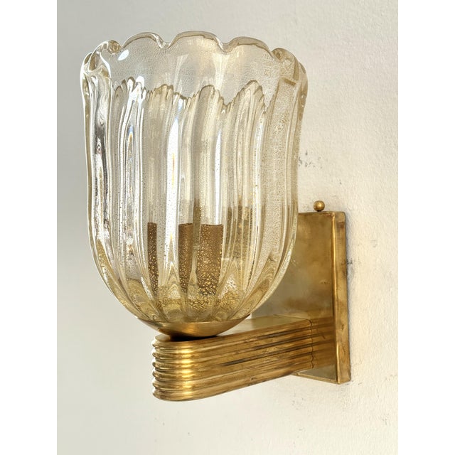 Metal Art Deco Italian Murano Crystal Glass and Brass Wall Sconces, 1990s, Set of 2 For Sale - Image 7 of 14