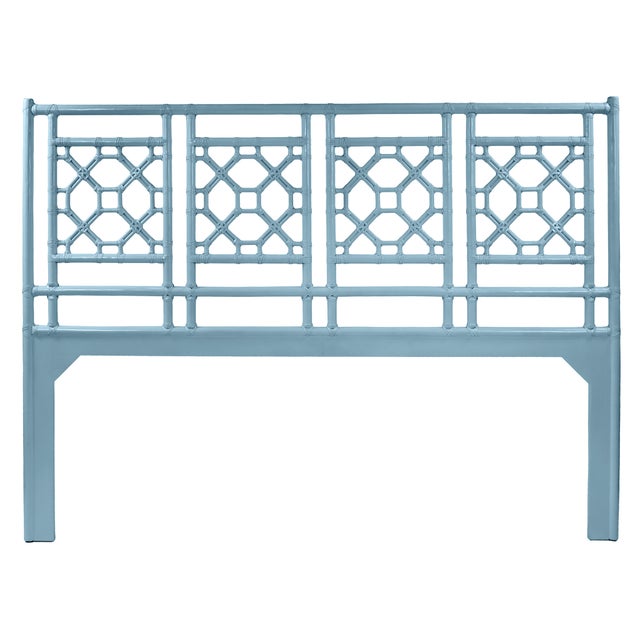 Chinoiserie Lattice Back Standard Bed King, Pool Blue For Sale - Image 3 of 6