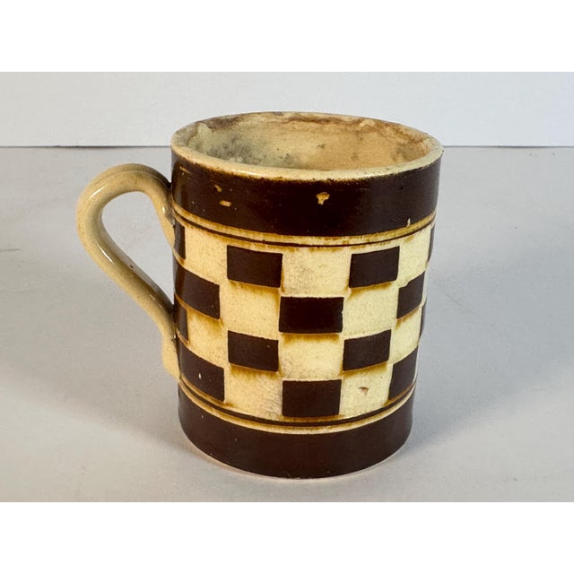 19th Century Antique Child's Mochaware Mug: Checkerboard Yellowware, Austrian 19th Century For Sale - Image 5 of 10