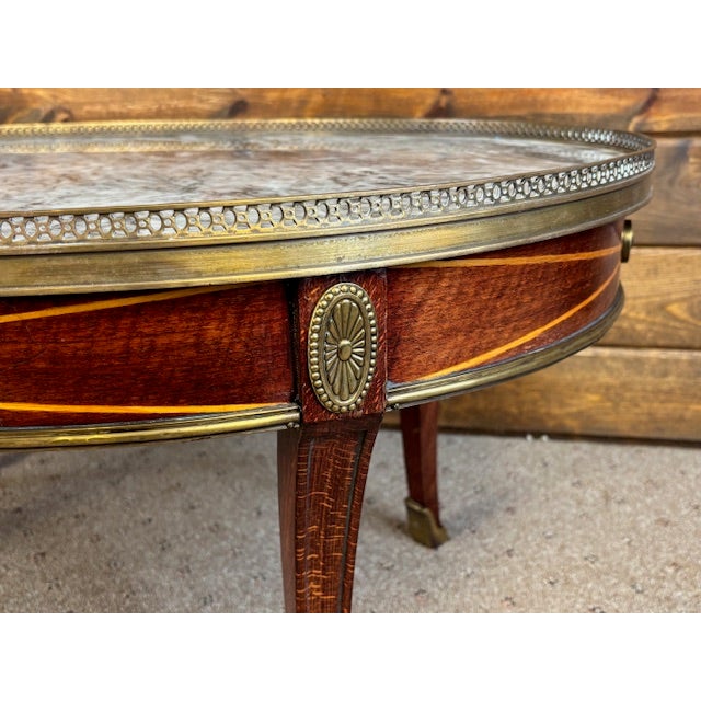 Vintage French Louis XVI Style Oval Coffee Table With Marble Top and Brass Gallery For Sale - Image 11 of 12