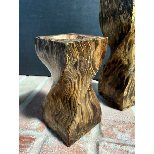 Wood Twisted Faux Tortoise Painted Wood Candle Holders - Set of 3 For Sale - Image 7 of 13