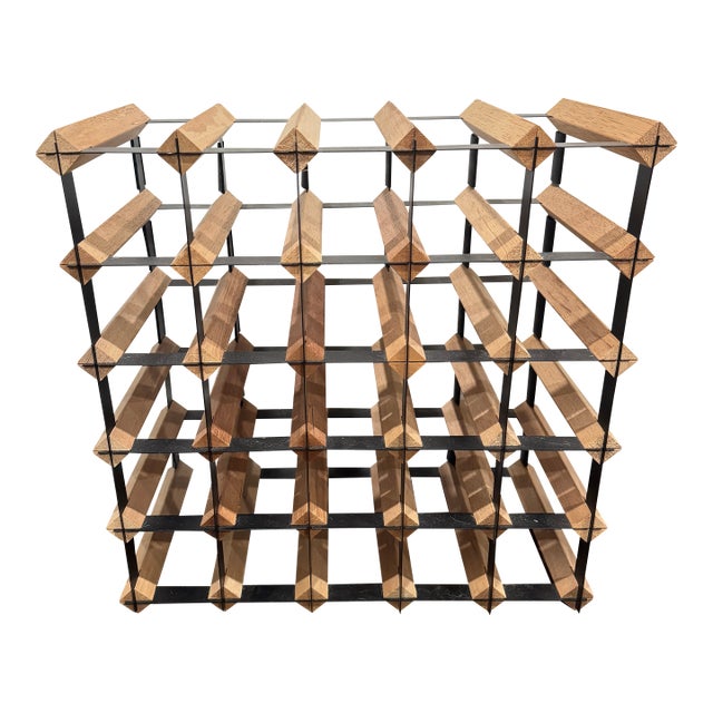 Late 20th Century Modern Wood & Metal Grid Wine Rack | Holds 30 Bottles For Sale