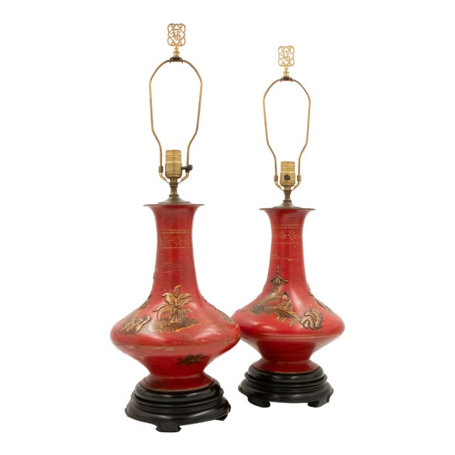 1960s Cinnabar Red Chinoiserie Table Lamps With Brass Fretwork Finials - a Pair For Sale