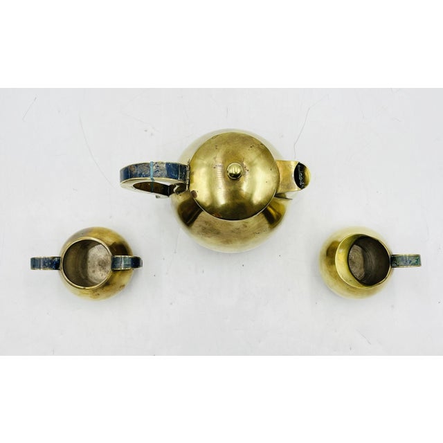 1950s Los Castillo Taxco Brass & Stone Inlaid Tea Set, Mexican Modernism - Set of 3 For Sale In Los Angeles - Image 6 of 18