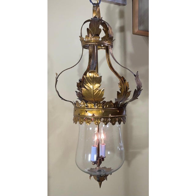Gold Vintage Gilt Metal Crown Bell Glass Pendant Chandelier Lantern For Sale - Image 8 of 9