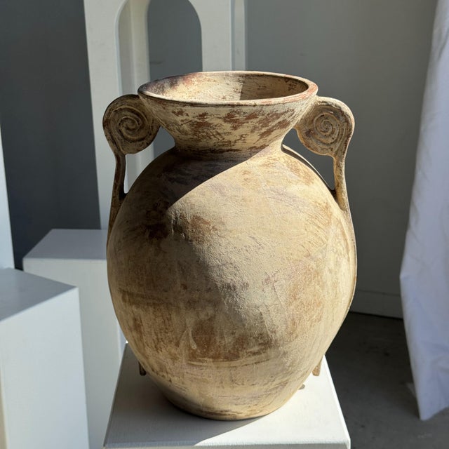 Large Cream-Colored Terracotta Vase with Double Spiral Handles, 1960s For Sale - Image 11 of 11
