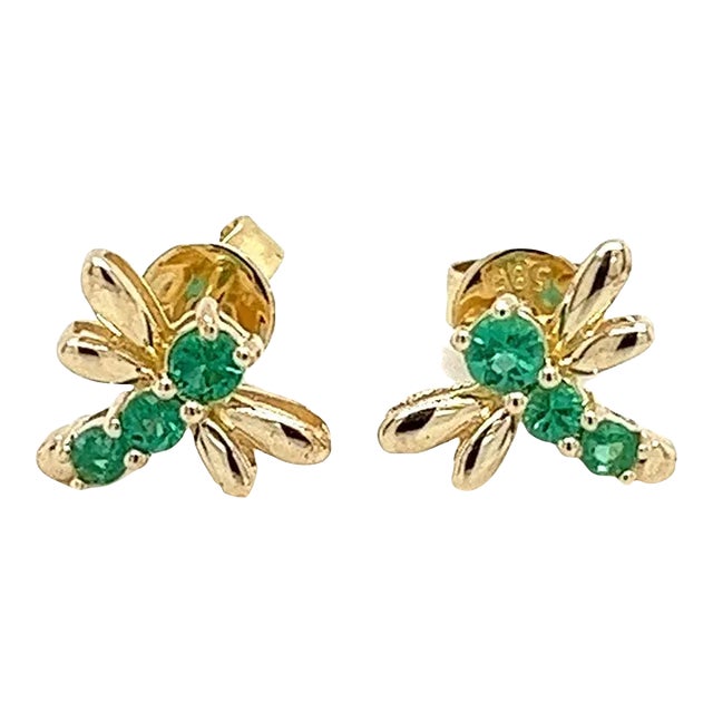 Emerald Dragonfly Stud Earrings in 14K Gold For Sale