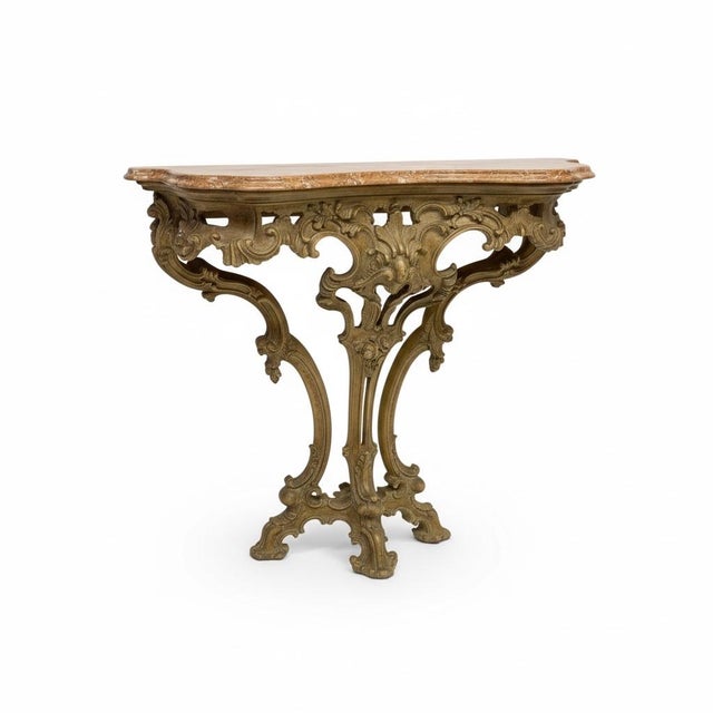 Mid 20th Century Mid-Century French Rococo Carved Pine Console Table With Rouge Marble Top For Sale - Image 5 of 5