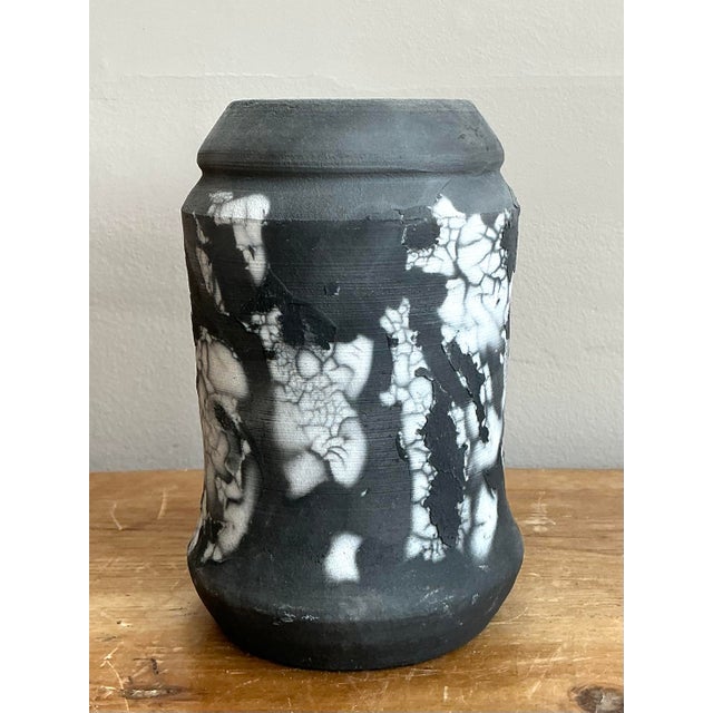 Black Vintage Original Raku Fired Pottery Vase For Sale - Image 8 of 12