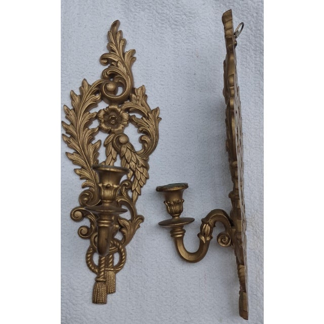 Shabby Chic Vintage 1962 Burwood Products Co. Matched Pair Gold Rococo Wall Candle Sconces — Hollywood Regency, Made in Usa For Sale - Image 3 of 13