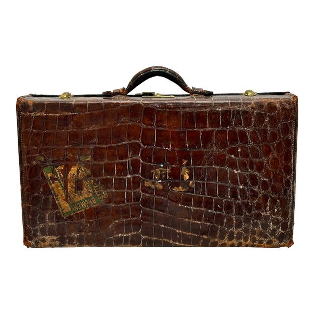Antique Early 20th Century Crocodile - Alligator Style Embossed Leather Suitcase With Brass Hardware For Sale