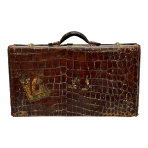 Antique Early 20th Century Crocodile - Alligator Style Embossed Leather Suitcase With Brass Hardware