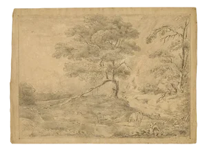 Alexander Monro after Gainsborough, Wooded River with Angler, 1832, Graphite Drawing