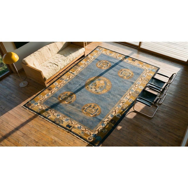 Special Blue and Gold Bronze Color Unique With Animalistic Design Antique Chinese Rug For Sale - Image 14 of 15