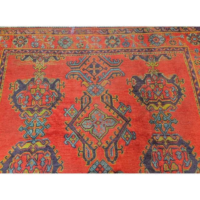 Textile Vintage Turkish Oushak Hand-Knotted Rug, Red Geometric Design, 1900s For Sale - Image 7 of 12