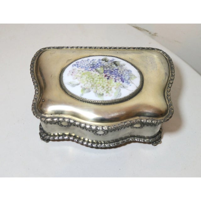 Silver Quality Antique Ornate Silverplate Painted Porcelain Pairpoint MFG Jewelry Box For Sale - Image 8 of 12
