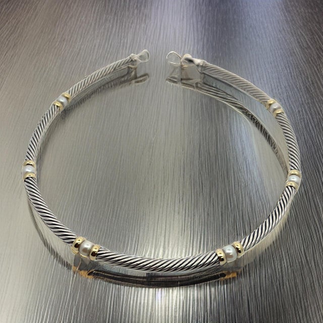 1990s David Yurman Authentic Estate Pearl Necklace 17" + Bracelet Set 7.5" Silver Gold For Sale In New York - Image 6 of 9