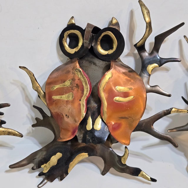 Metal Vintage Jere Style Owl Family Set Metal Brass Copper Brutalist Wall Art Sculpture 3 Pieces MCM For Sale - Image 7 of 10