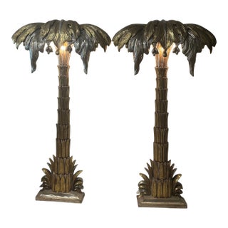 Pair French Maison Jansen Palm Tree Gold Silver Gilt Floor Wall Light Sconces For Sale