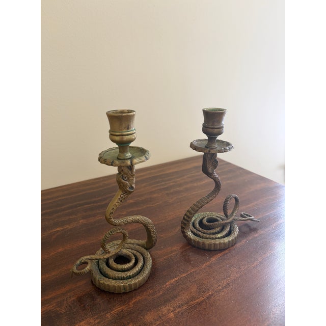 Art Deco Pair of French Art Deco Brass Serpent Candle Holders, Circa 1920s For Sale - Image 3 of 14