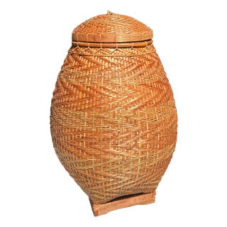 Large Indonesian Oval Wickerwork Basket with Lid For Sale