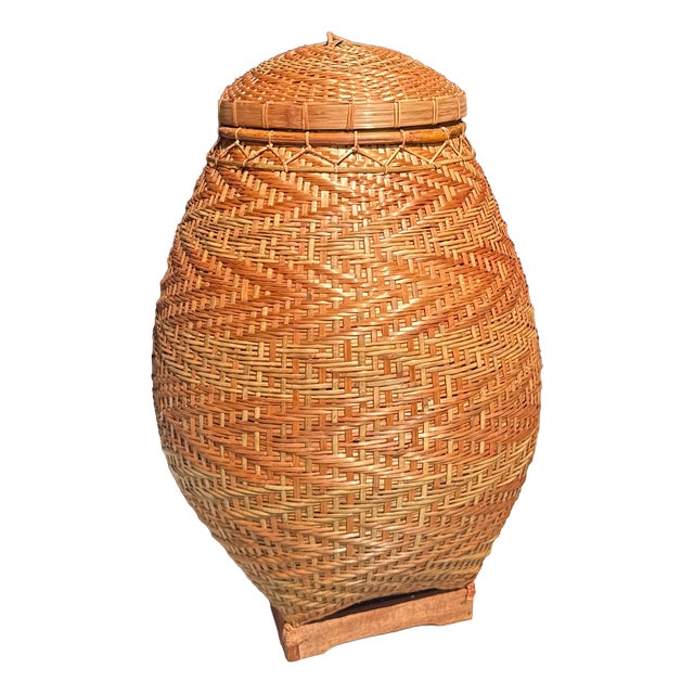 Large Indonesian Oval Wickerwork Basket with Lid For Sale