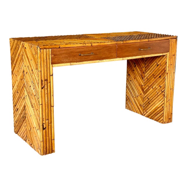 Mid-20th Century Refinished Split Rattan Chevron Two Drawer Floating Vanity or Desk For Sale