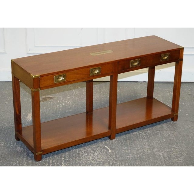 Antiques of London A handsome restored vintage Harrods London Kennedy military campaign console table, beautifully made in...