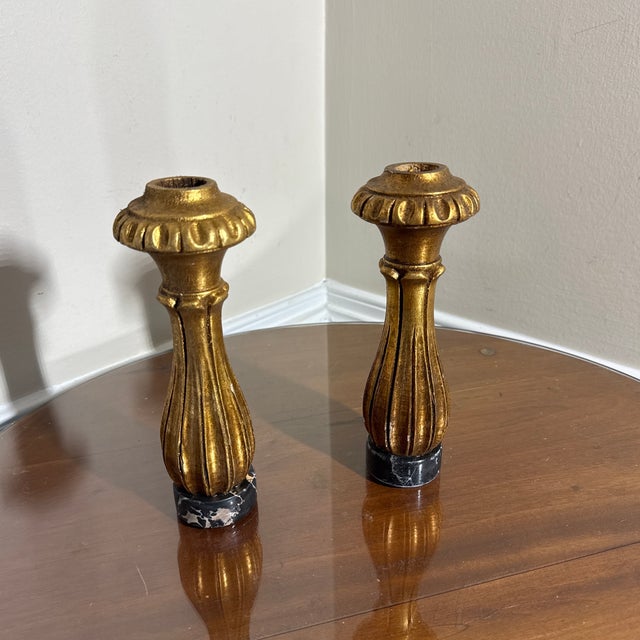 Vintage Gilt Candlestick Holders Pair Elegant Fluted Design Hollywood Regency Style Decor For Sale In Atlanta - Image 6 of 6