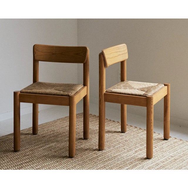 Set of Four (4) Vintage Italian oak and rush chairs by Vico Magistretti for Schiffini circa 1960s. Beautiful light oak...