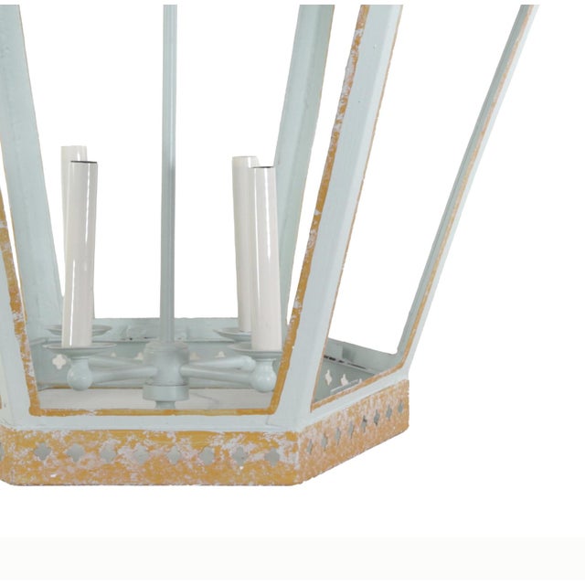 Vintage French Chinoiserie Three-Tier Pagoda-Shaped Metal Chandelier, White, Light Blue, and Gold For Sale - Image 4 of 11