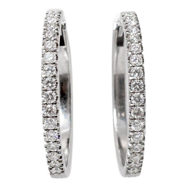 Ladies 14k White Gold Half Eternity 1.22ct Pave Diamond Hoop Earrings, A Pair For Sale