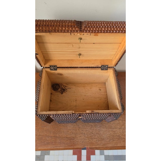 Antique Tramp Art Wooden Box, Hand Carved Folk Art Chest, Chip Carved Jewelry Box, Rustic Primitive Storage, Collectible Decor For Sale - Image 14 of 17