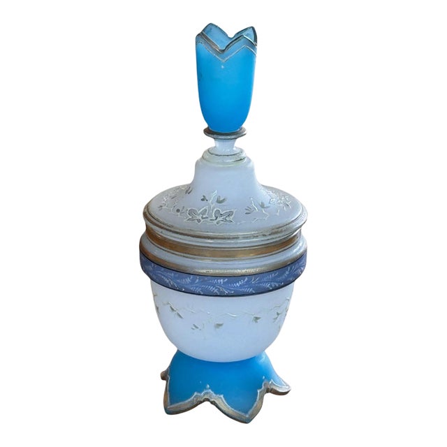 19th Century French Blue Opaline Dresser Jar With Tulip Finial For Sale