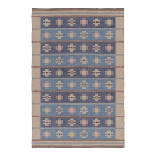 Rug & Kilim’s Contemporary Dhurrie Rug in Blue and Beige With Geometric Accents For Sale
