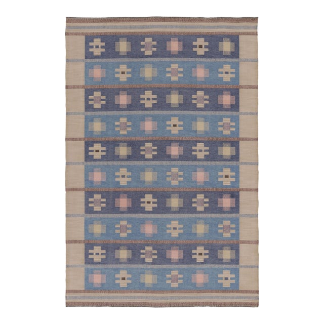 Rug & Kilim’s Contemporary Dhurrie Rug in Blue and Beige With Geometric Accents For Sale
