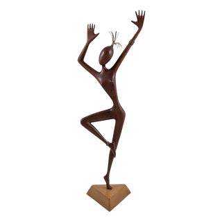 Sculpture Dancer in Carved Wood & Brass from Hagenauer, Austria, 1950s For Sale
