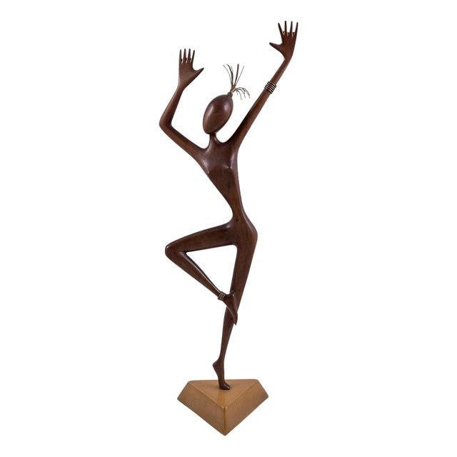 Sculpture Dancer in Carved Wood & Brass from Hagenauer, Austria, 1950s For Sale