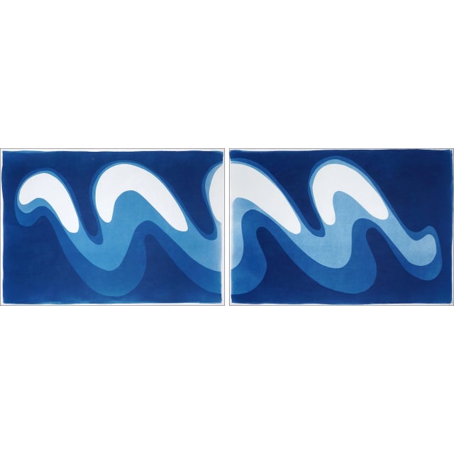 2025, Wave Iii, Unique Monotype Cyanotype, Organic Modern Gestures, Horizontal Diptych on Watercolor Paper For Sale