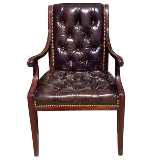 Regency Style English Tufted Leather Mahogany Arm Chair - 1 of 2 Available.