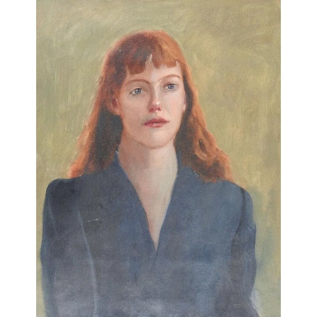 Late 20th Century Vintage Portrait Painting of Red Haired Woman in Blue Dress For Sale - Image 5 of 5