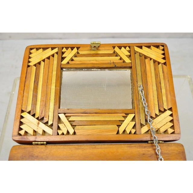 Wood Vintage Arts & Crafts Tramp Art Folk Art Wood Inlay Jewelry Trinket Desk Box For Sale - Image 7 of 9