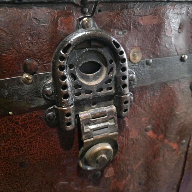 Metal Antique 19th Century Leather [Exterior/Interior] Steamer Trunk For Sale - Image 7 of 8