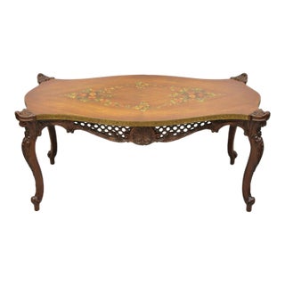 Vintage French Louis XV Style Walnut Coffee Table With Hand Painted Floral Top For Sale