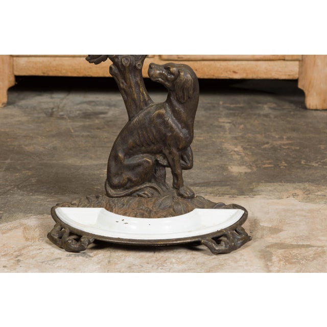English Iron Umbrella Stand with Dog and Tree Motif and White Receptacle For Sale - Image 10 of 12