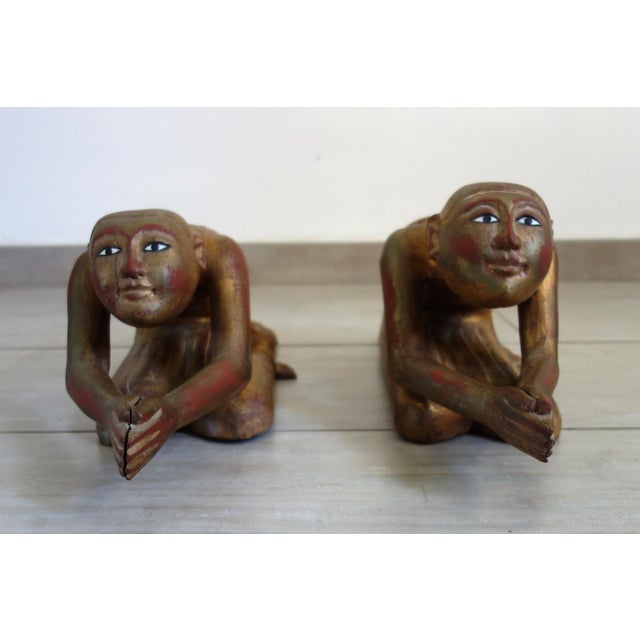 Burmese Artist, Statues of Buddhist Monks in Prayer, 19th Century, Wood, Set of 2 For Sale - Image 3 of 18