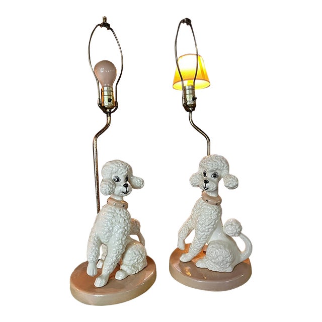 1960s Mid-Century Modern Pink Ceramic Poodle Table Lamps - Pair For Sale