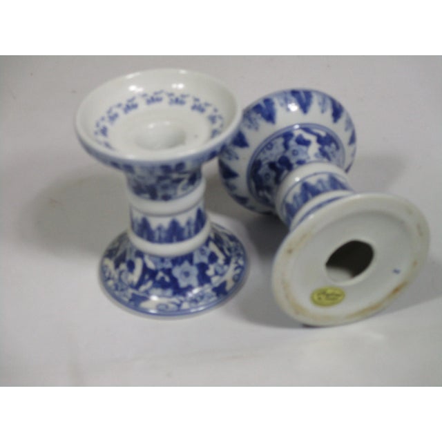 1980s A Pair of Blue and White Porcelain Candle Holders For Sale - Image 4 of 5